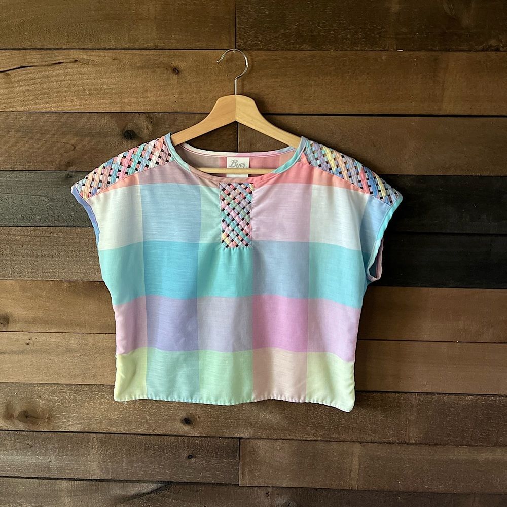 Vintage 80s Pastel Checkered Woven Detail Top Byer California Large